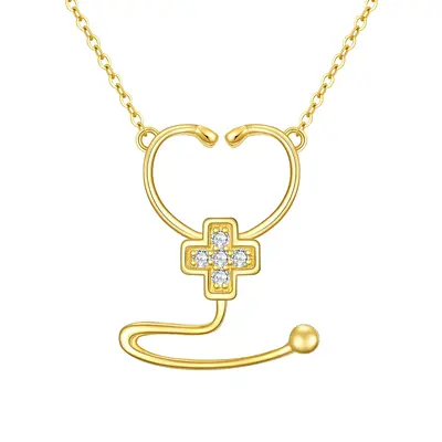 14K Gold Cubic Zirconia Cross & Stethoscope Necklace for Women