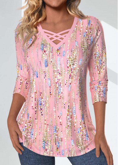 Modlily Light Pink Criss Cross Geometric Print T Shirt - M