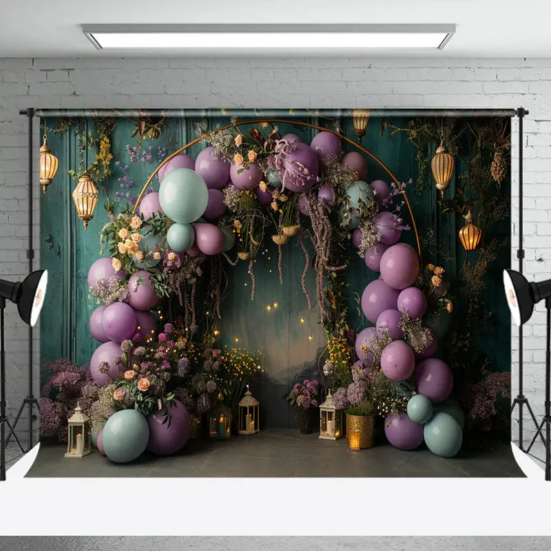 Retro Wall Purple Balloons Light Wedding Backdrop