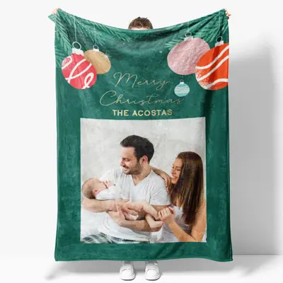 Custom Photo Green Bauble Family Christmas Blanket - Aperturee