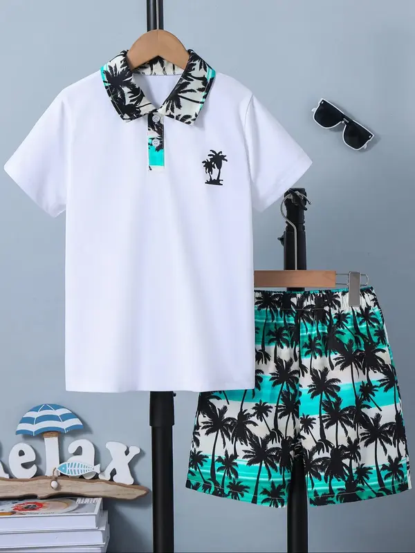 Boy's 2pcs Short Sleeve Polo Shirt & Coconut Tree Print Elastic Waist Shorts Set, Cute Casual Button Front Top & Beach Sho...