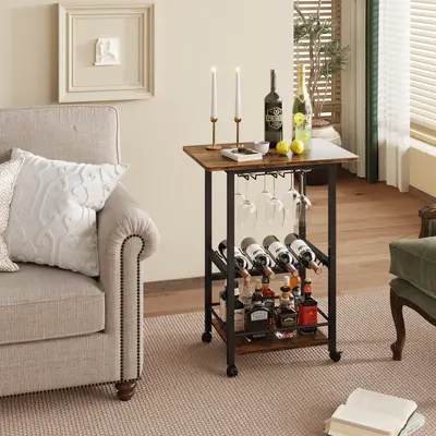 Rolling Bar Cart with Wine Rack and Glass Holder - Stylish Serving Cart for Home, Multifunctional Microwave Stand, and Mobile...