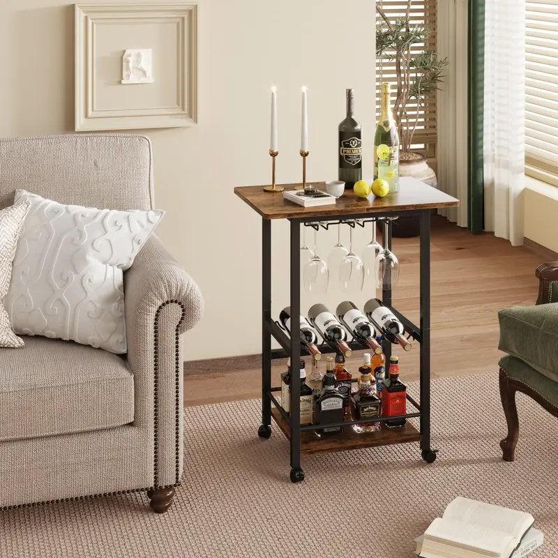 Rolling Bar Cart with Wine Rack and Glass Holder - Stylish Serving Cart for Home, Multifunctional Microwave Stand, and Mobile...
