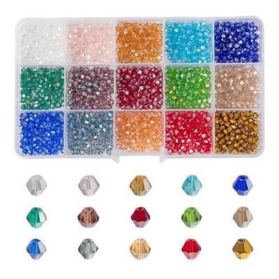 1500Pcs 15 Style Faceted Bicone Glass Beads