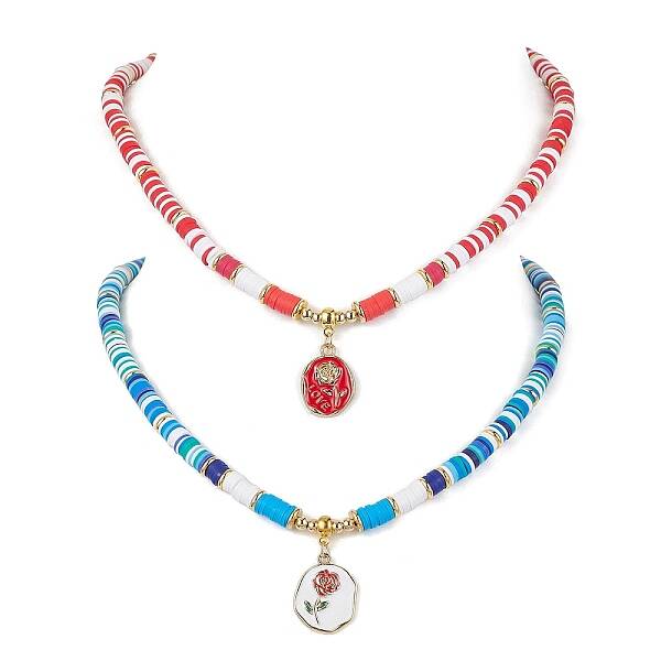 2Pcs 2 Style Alloy Enamel Flower Pendant Necklaces Set