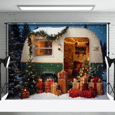 Cosy Snow Camper Van Festive Christmas Warm Backdrop - Aperturee