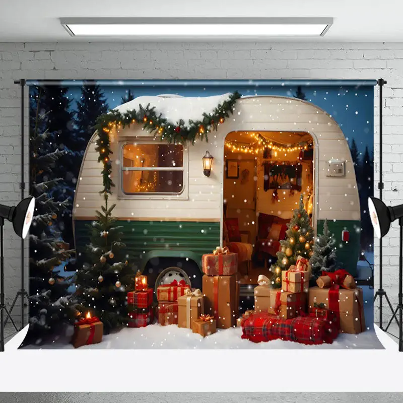 Cosy Snow Camper Van Festive Christmas Warm Backdrop - Aperturee