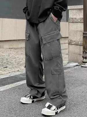 Men's Solid Multi-pocket Elastic Waist Cargo Pants, Regular Fit Fashion Casual Wide Leg Trousers for Daily Outdoor Wear, Men'...