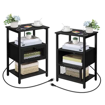 Side Tables with Charging Station and Drawer Set of 2 Night Stands with USB Ports 3 Tier Narrow Bedside Table for Small Space...