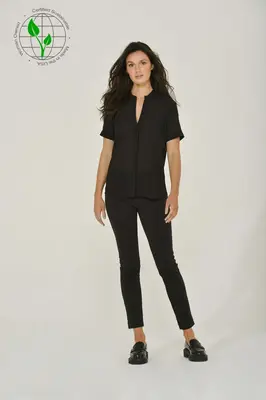 Black French Chiffon Split-Neck Short Sleeve Top | Size: L | Color: black