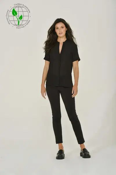 Black French Chiffon Split-Neck Short Sleeve Top | Size: L | Color: black