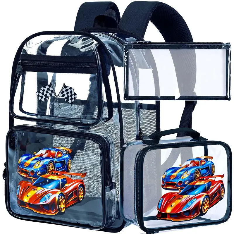 3PCS Clear Backpack, Heavy Duty Transparent Bookbag with Lunch Box, See Through PVC Sequins School Backpacks for Boys Girls -...