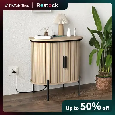 [Restock]EBELLO Grooved End Table with Charging Station, Mid-Century Modern Nightstand, Entryway Cabinet for Living Room, Bed...