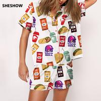 Taco Bell Pajama Set For Women Print Comfy Satin Sleepwear & Loungewear Pjs Short Sleeve Top & Bottoms Shorts Without Pockets...
