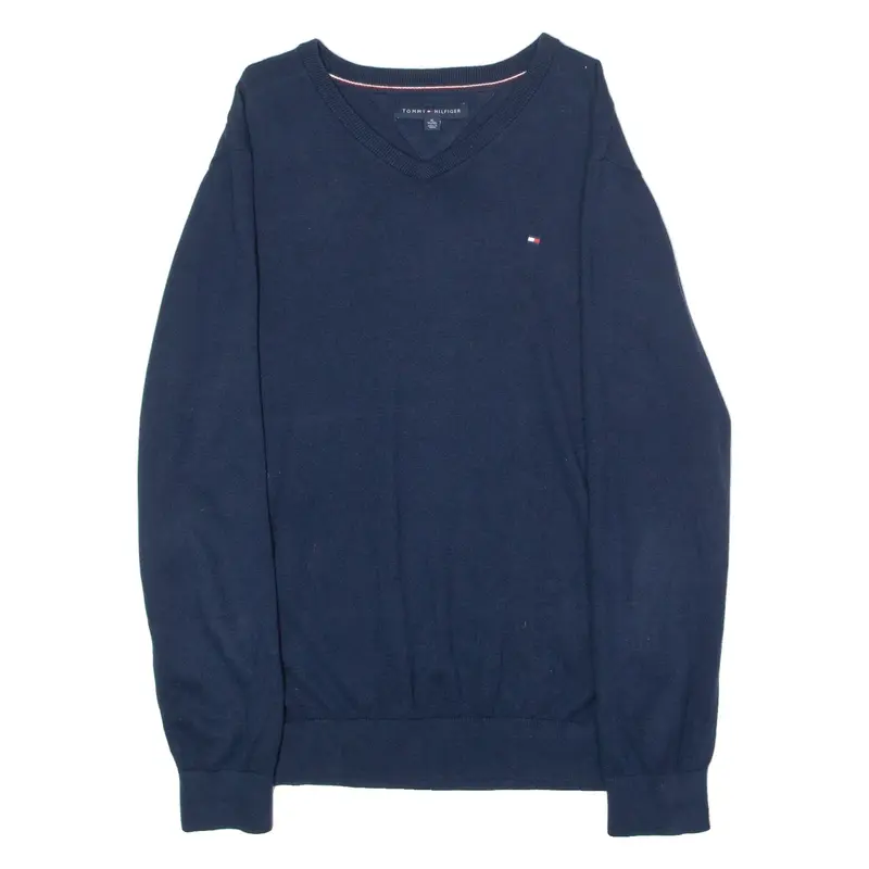 TOMMY HILFIGER Mens Jumper Blue V-Neck Tight Knit XL