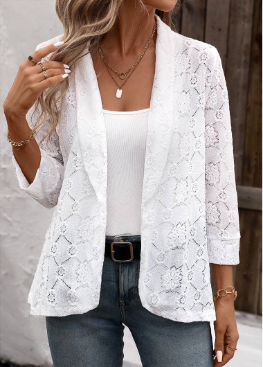 Modlily White Lace 3/4 Sleeve Light Cardigan - L