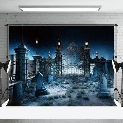 Quiet Night Graveyard Gate Tombstone Halloween Backdrop - Aperturee