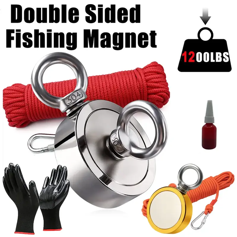 1200LBS Double Side Fishing Magnet, Heavy Duty Rare Earth Neo Dymium Magnet with Countersunk Hole Eyebolt, Rope and Carabiner...