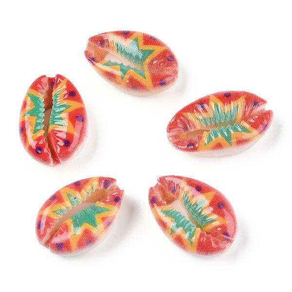 Flower Printed Cowrie Shell Beads