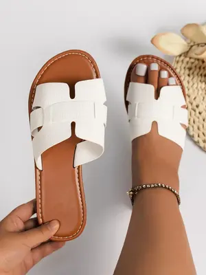 Women's Fashionable Plain Color Slide Sandals, Casual Comfortable Flat Sandals for Summer, Lightweight Breathable Shoes for D...