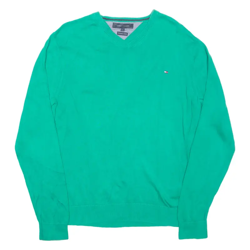 TOMMY HILFIGER Mens Jumper Green V-Neck Tight Knit L