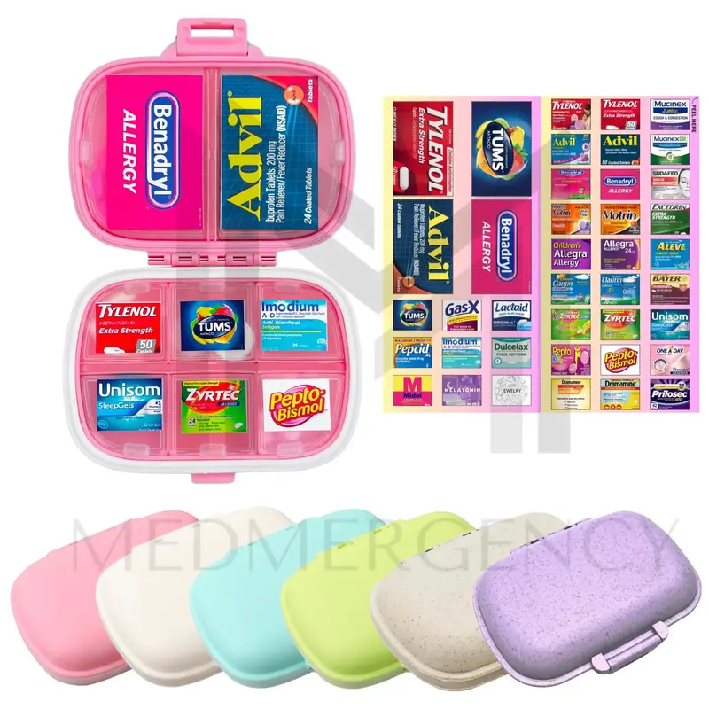 Pill Organizer | 8 Compartments | FREE Pre-cut Medicine Label Sticker Sheets | Travel Pill Box | Medicine Storage Container C...