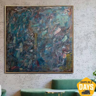 Original Acrylic Paintings On Canvas Blue Grey Abstract Newspapres Fine Art Modern Art Colors Art Handmade Living Room Decor ...