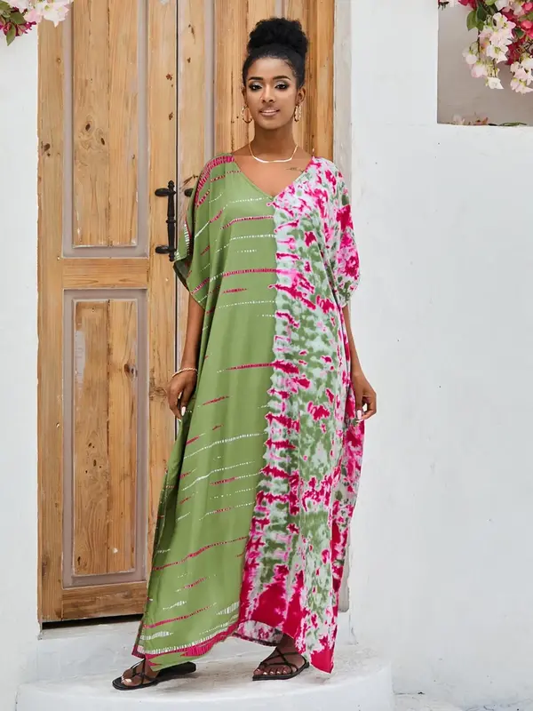 Islamic Clothing-Ombre Batwing Sleeve Split Thigh Kaftan, Colorful V-neck Round Neck Kaftan, Boho Islamic Summer Clothes for ...