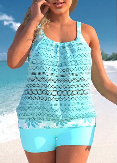 Modlily Plus Size Lace Stitching Leaf Print Cyan Tankini Set - 3X