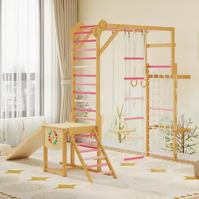 Garvee 8-in-1 Indoor Jungle Gym for Kids 3-10 with Slide, Swing, Monkey Bars, Solid Wood, Climbing Rope, Gymnastic Rings, Pin...