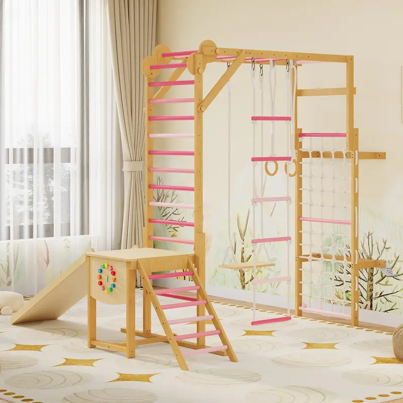 Garvee 8-in-1 Indoor Jungle Gym for Kids 3-10 with Slide, Swing, Monkey Bars, Solid Wood, Climbing Rope, Gymnastic Rings, Pin...
