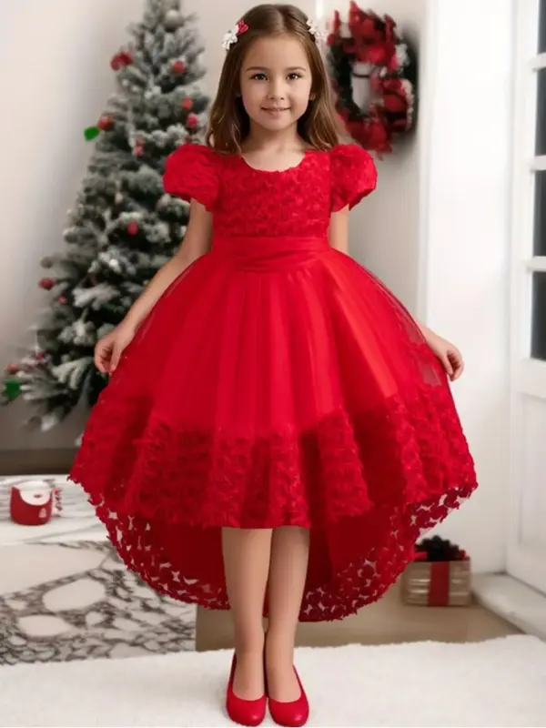 Girl's Floral Appliques Big Bow Decor Contrast Mesh High Low Hem Fit & Flare Dress, Elegant Puff Sleeve Zipper Back Party Dre...