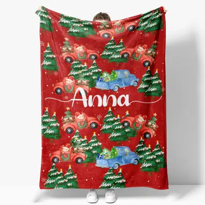 Red Trees Truck Custom Name Christmas Gift Blanket - Aperturee