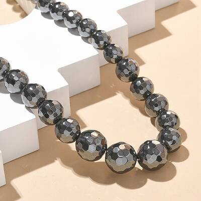 Faceted Round Synthetic Non-Magnetic Hematite Graduated Beaded Necklaces