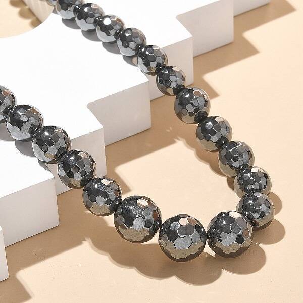 Faceted Round Synthetic Non-Magnetic Hematite Graduated Beaded Necklaces