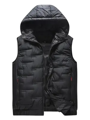 Men's Solid Zip Up Padded Gilet, Loose Pocket Hooded Vest Puffer Jacket, Thick Warm Sleeveless Coat for Fall & Winter, Please...
