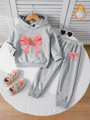 Girls' Fall & Winter Fleece Lined 2-Piece Set, Long Sleeve Hoodie Sweatshirt, Cute Bow Print, Casual Outdoor Wear