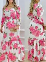 Women's Floral Print Dress, 1 Count Casual Fashionable Elegant V Neck Bishop Sleeve Long Dress for Spring Summer, Women's Clo...