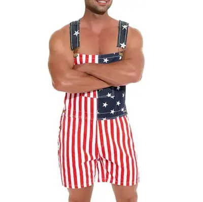Bindefon Stretch American Flag Overalls Shorts Romper 4th of July Jumpsuits Work Bibs Coveralls Gifts for Men Labor Day Hallo...