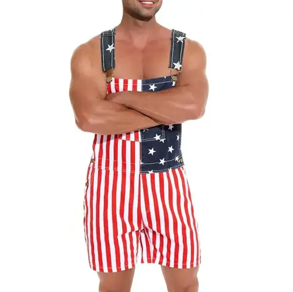 Bindefon Stretch American Flag Overalls Shorts Romper 4th of July Jumpsuits Work Bibs Coveralls Gifts for Men Labor Day Hallo...