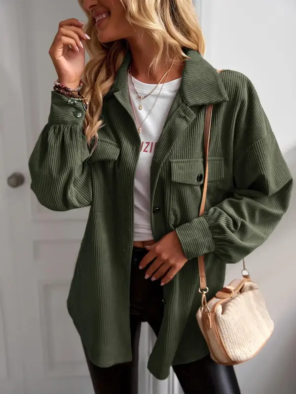 Women's Solid Button Front Corduroy Coat, Casual Long Sleeve Collared Outerwear for Daily Wear, Ladies Fall & Winter Clothes