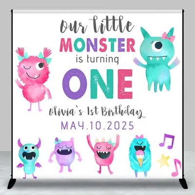 Personalized Cute Monster 1st Birthday Backdrop - Aperturee