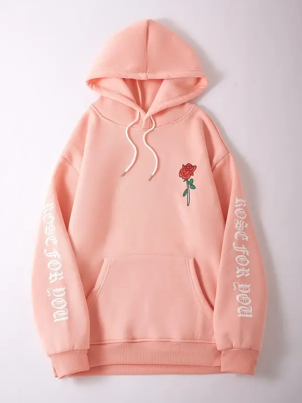 Men's Rose & Letter Print Drawstring Hoodie, Valentine's Day Casual Pocket Drop Shoulder Hooded Sweatshirt for Daily Wear, Gi...