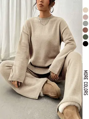 【Plus Size】 Two-Piece Set Solid Mock Neck Drop Shoulder Split Hem Sweater & Straight Leg Pants, Casual Fashion Cozy Knitw...
