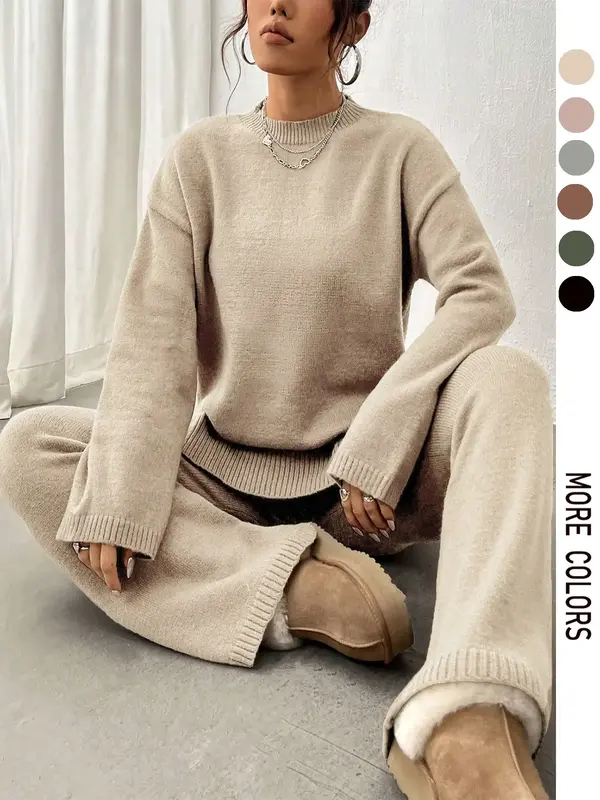 【Plus Size】 Two-Piece Set Solid Mock Neck Drop Shoulder Split Hem Sweater & Straight Leg Pants, Casual Fashion Cozy Knitw...