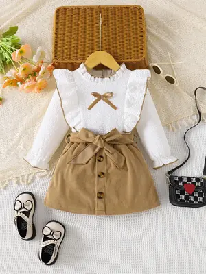 Two-Piece Set Girl's Textured Bow Decor Contrast Binding Ruffle Blouse & Belted Buttons Skirt, Elegant Keyhole Neck Flounce...