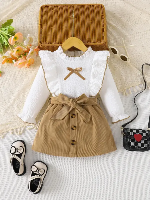 Two-Piece Set Girl's Textured Bow Decor Contrast Binding Ruffle Blouse & Belted Buttons Skirt, Elegant Keyhole Neck Flounce...