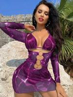 Three-Piece Set Women's All Over Print Ring Linked Bodycon Cover Up & Tie Back Bikini Top & High Cut Swim Bottom Set, Bikini ...