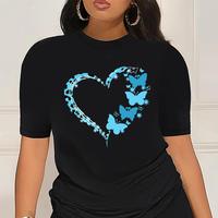 Playful Charm Women's Casual Butterfly Heart Pattern T-Shirt Short Sleeves Polyester Blend