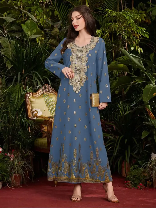 Women's Ethnic Pattern Long Sleeve Dress, Modest Long Dress for Party Wedding Guest, Ladies Islamic Clothing for All Seasons